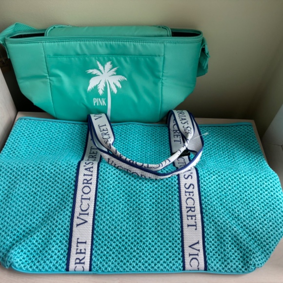 New Victoria’s Secret Turquoise Blue Woven Tote Bag & VS Turquoise Cooler Set - Picture 2 of 15